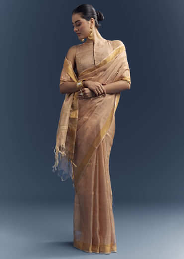 Copper Tissue Organza Woven Saree With Golden Zari Work