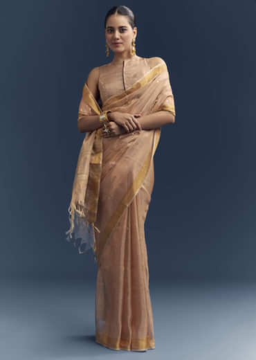 Copper Tissue Organza Woven Saree With Golden Zari Work