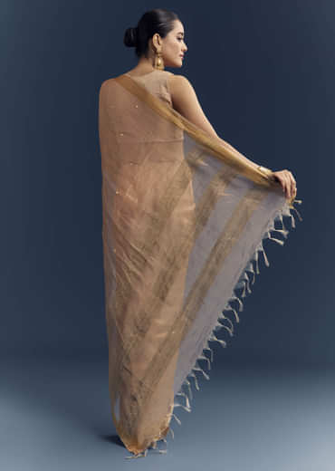 Copper Tissue Organza Woven Saree With Golden Zari Work