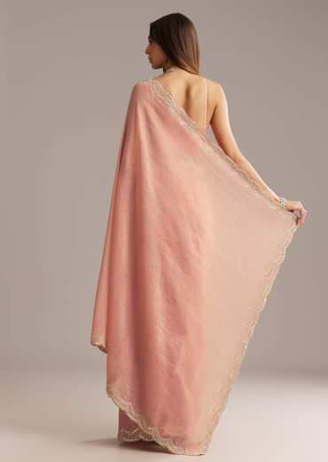 Copper Tissue Saree With Scallop Border And Sequin Embroidery