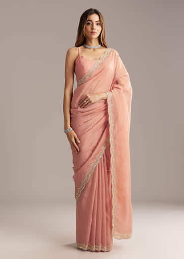 Copper Tissue Saree With Scallop Border And Sequin Embroidery