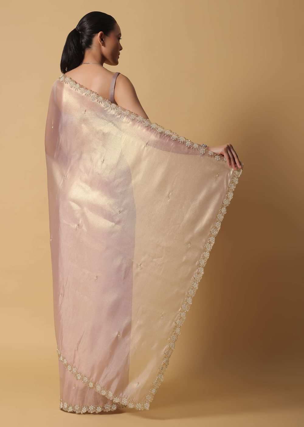 Copper Brown Foil Saree In Tissue With Cut Dana Embroidered Borders