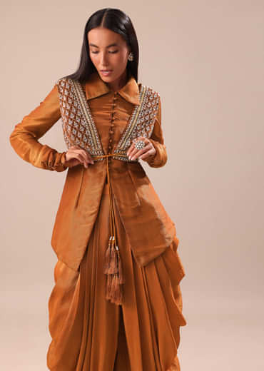 Copper Brown Kurta With Embroidered Jacket And Dhoti