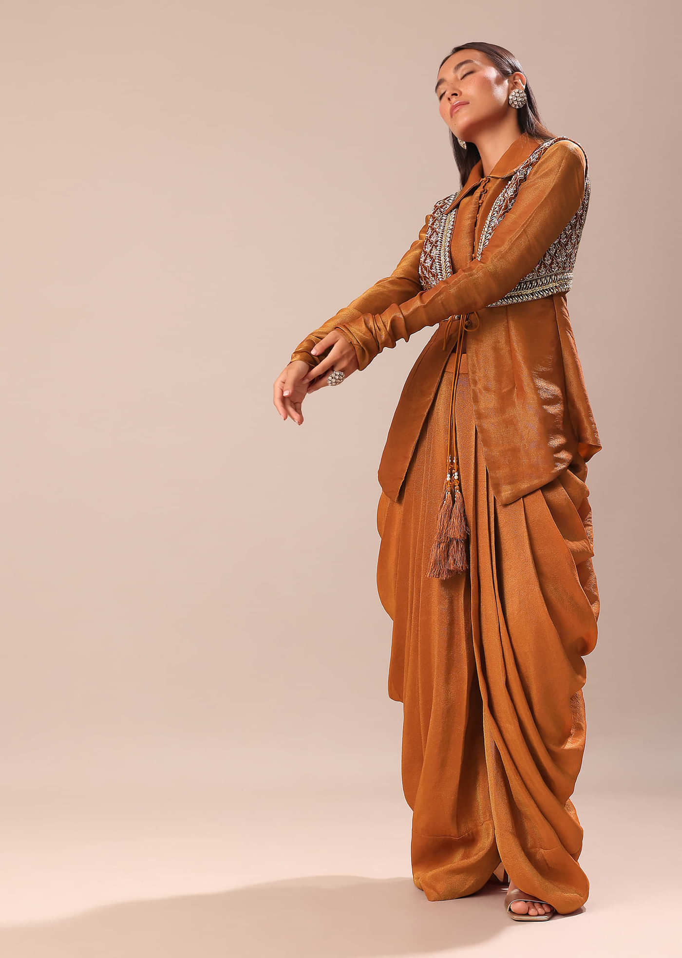 Copper Brown Kurta With Embroidered Jacket And Dhoti