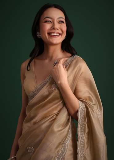 Copper Tissue Saree With Cutdana And Stone Embroidery