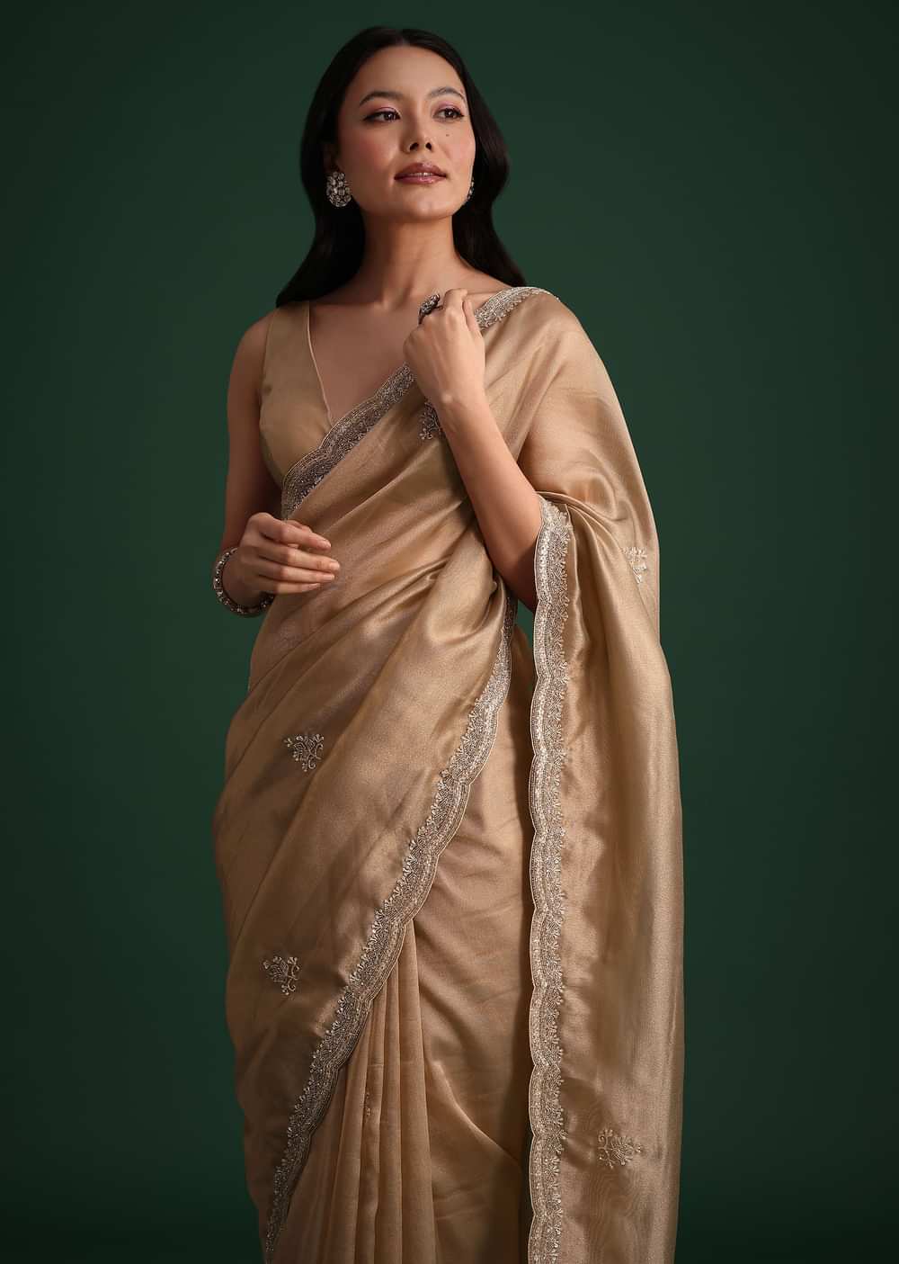Copper Tissue Saree With Cutdana And Stone Embroidery