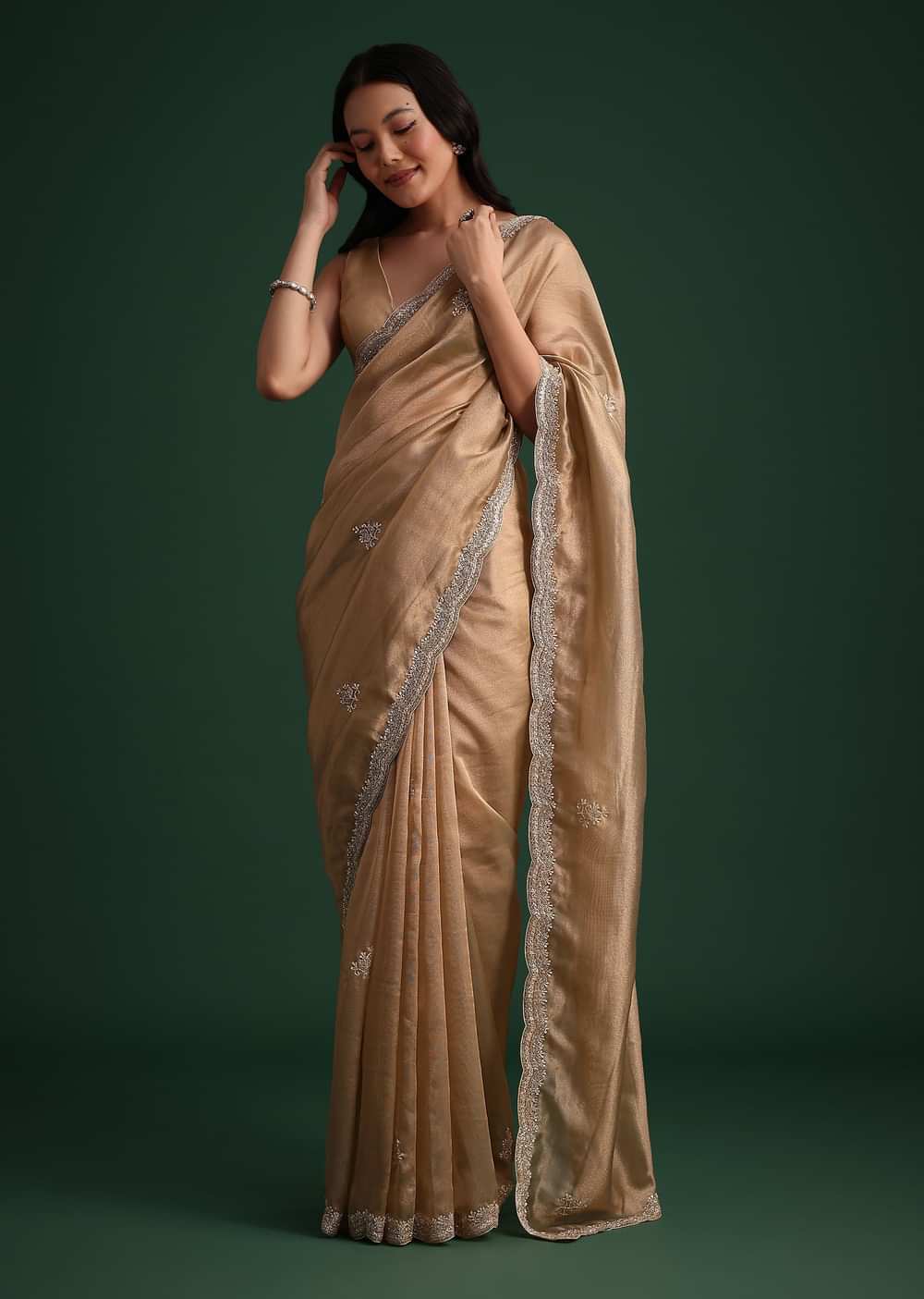 Copper Tissue Saree With Cutdana And Stone Embroidery