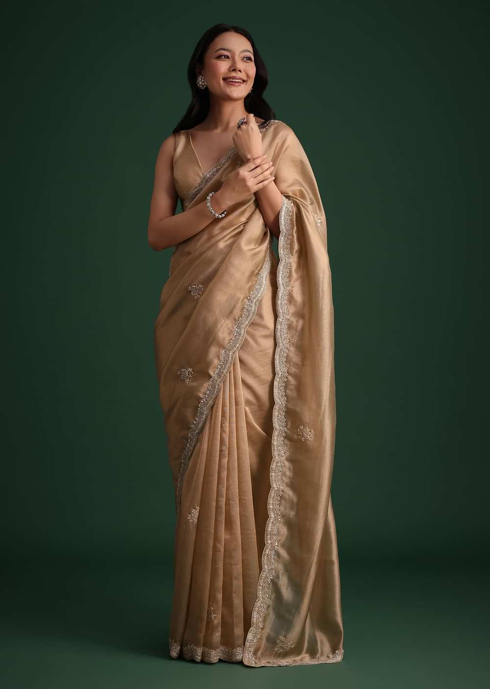 Copper Tissue Saree With Cutdana And Stone Embroidery
