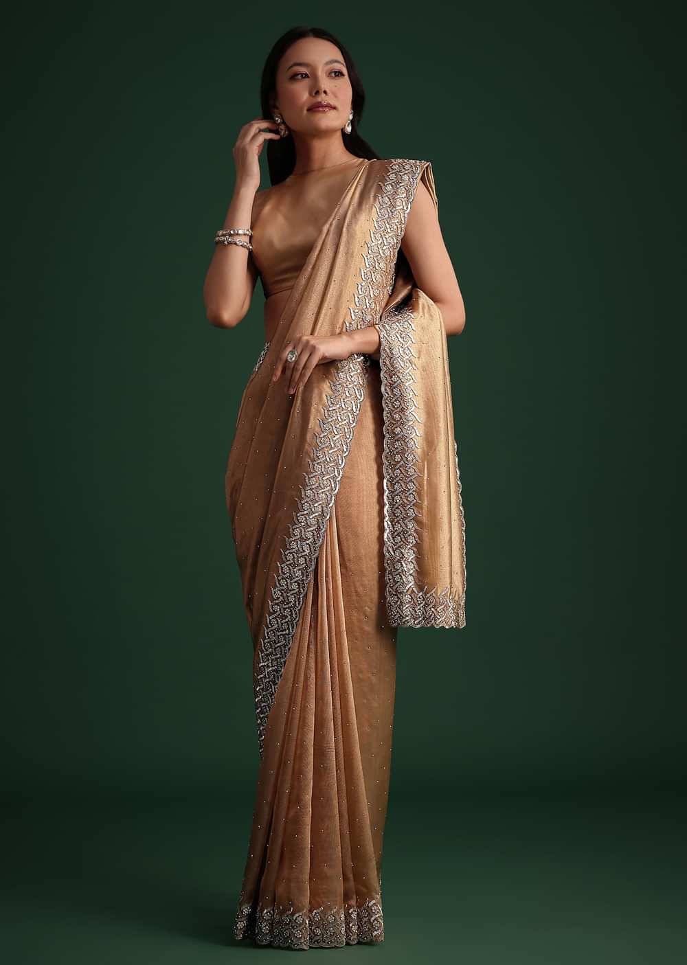 Copper Tissue Cutdana And Stone Embroidered Saree