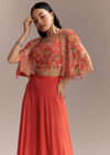 Coral Georgette Crop Top And Palazzo Set With Embroidered Cape