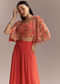 Coral Georgette Crop Top And Palazzo Set With Embroidered Cape