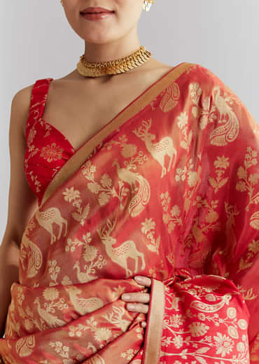 Coral Red Silk Woven Saree With Zari Work