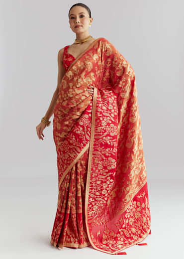 Coral Red Silk Woven Saree With Zari Work