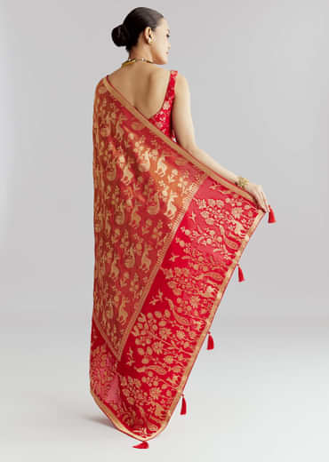 Coral Red Silk Woven Saree With Zari Work