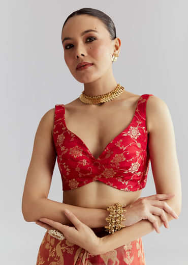 Coral Red Silk Woven Saree With Zari Work