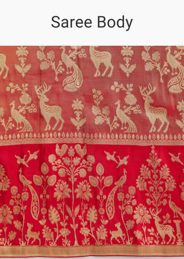 Coral Red Silk Woven Saree With Zari Work