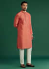 Coral Silk Kurta Set For Men With Mirror Work