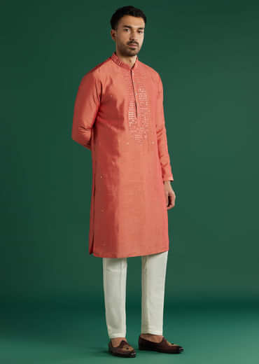 Coral Silk Kurta Set For Men With Mirror Work