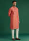 Coral Silk Kurta Set For Men With Mirror Work