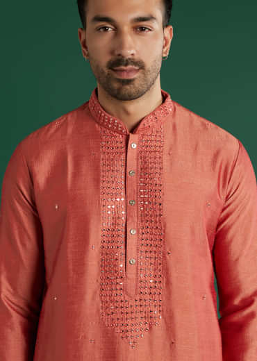 Coral Silk Kurta Set For Men With Mirror Work