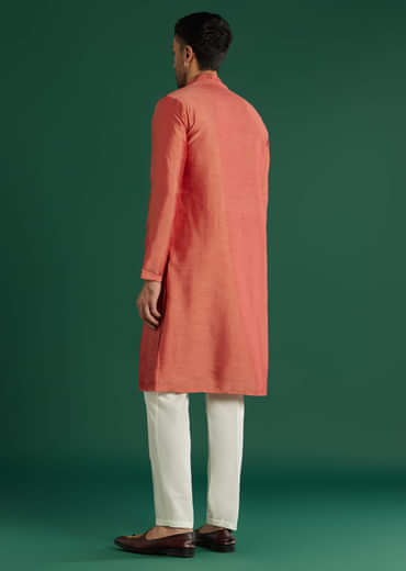 Coral Silk Kurta Set For Men With Mirror Work