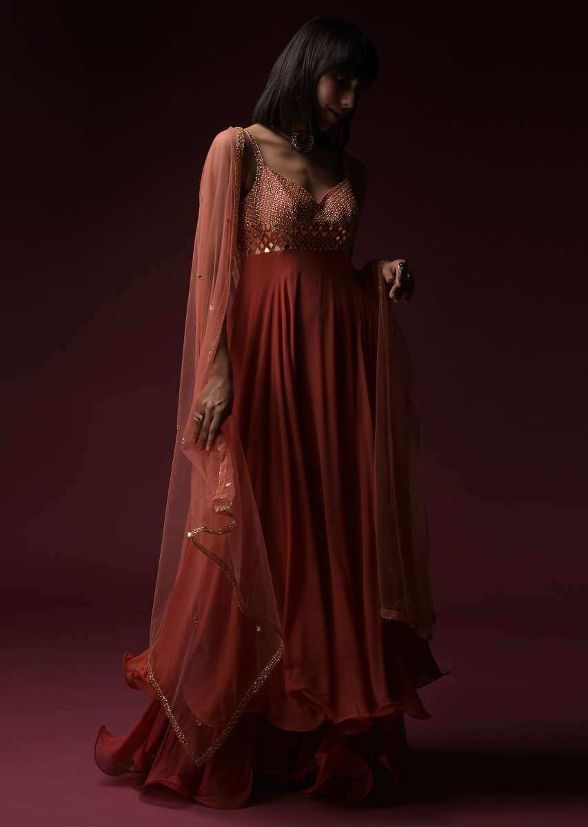 Coral Anarkali Suit With Geometric Shaped Mirror Accented Bodice And Fun Layered Hemline