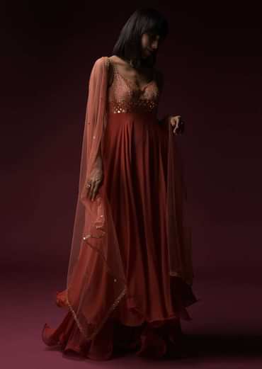 Coral Anarkali Suit With Geometric Shaped Mirror Accented Bodice And Fun Layered Hemline