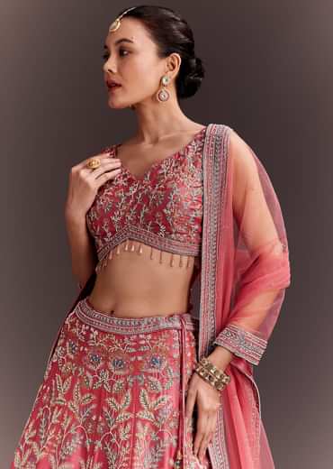 Coral Pink Embroidered Lehenga Set With Net Dupatta