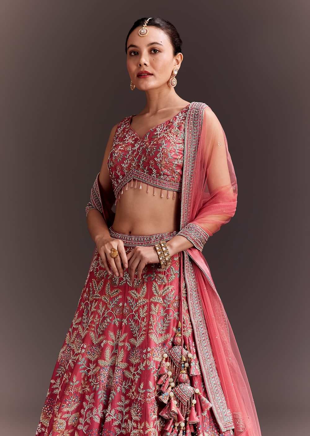 Coral Pink Embroidered Lehenga Set With Net Dupatta