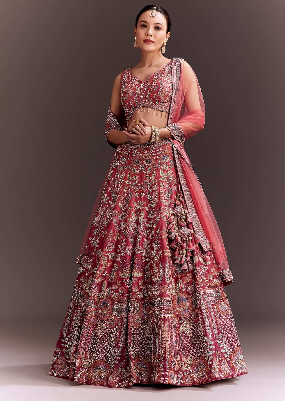 Coral Pink Embroidered Lehenga Set With Net Dupatta