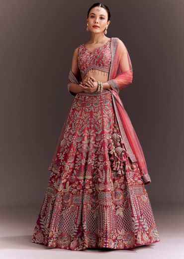 Coral Pink Embroidered Lehenga Set With Net Dupatta