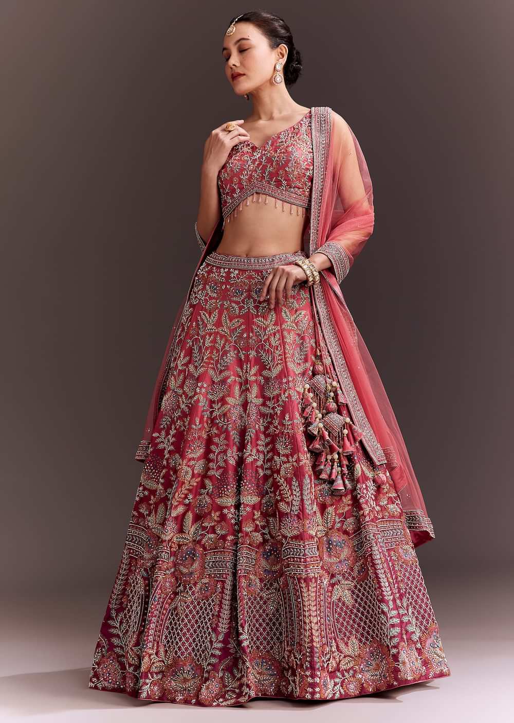 Coral Pink Embroidered Lehenga Set With Net Dupatta