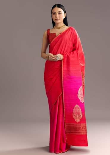 Corel Red Kora Silk Handloom Saree With Woven Traditional Motif