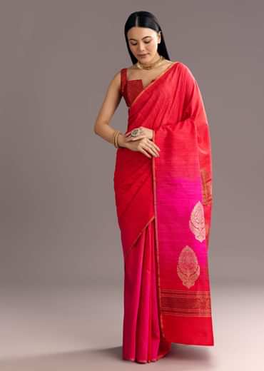Corel Red Kora Silk Handloom Saree With Woven Traditional Motif