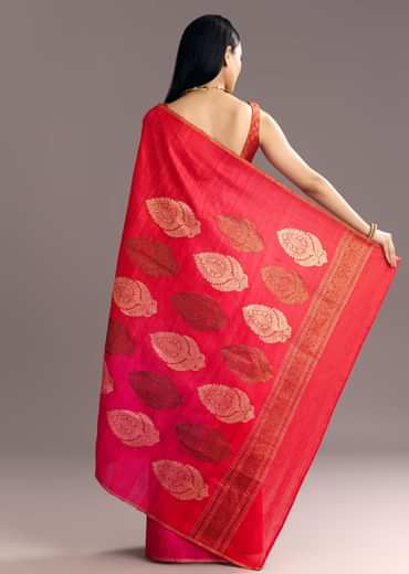 Corel Red Kora Silk Handloom Saree With Woven Traditional Motif
