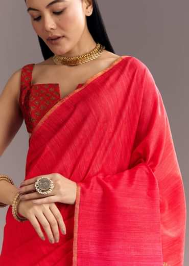 Corel Red Kora Silk Handloom Saree With Woven Traditional Motif
