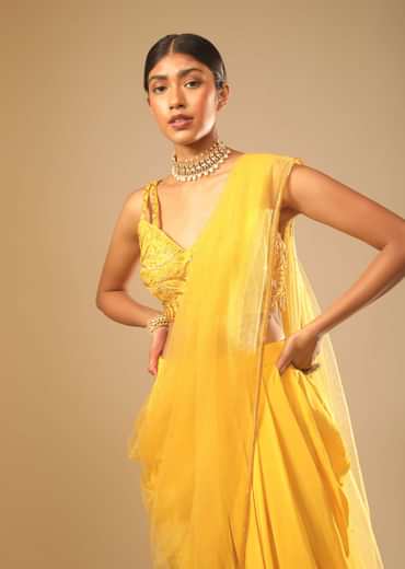 Corn Yellow Dhoti And Crop Top Suit With Hand Embroidered Leaf Motifs And A Matching Dupatta