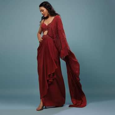 Blood Red Ready-Pleated Embroidered Saree