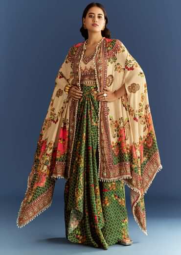 Cream And Green Cotton Muslin Printed Croptop With Printed Skirt And Cape