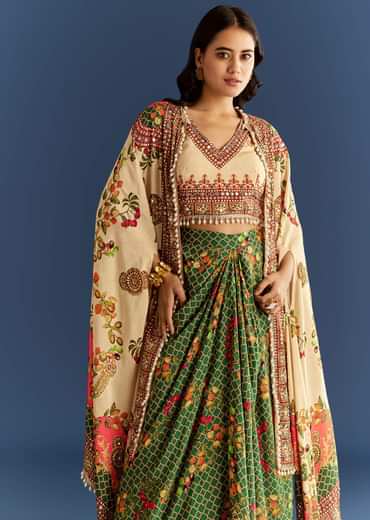 Cream And Green Cotton Muslin Printed Croptop With Printed Skirt And Cape