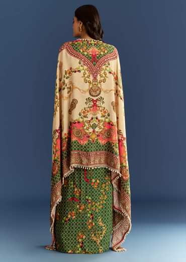 Cream And Green Cotton Muslin Printed Croptop With Printed Skirt And Cape