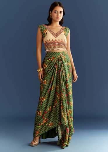 Cream And Green Cotton Muslin Printed Croptop With Printed Skirt And Cape