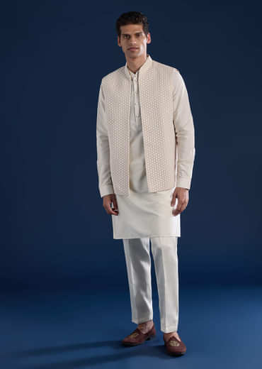 Cream Art Silk Jacket Kurta Set with Resham Work