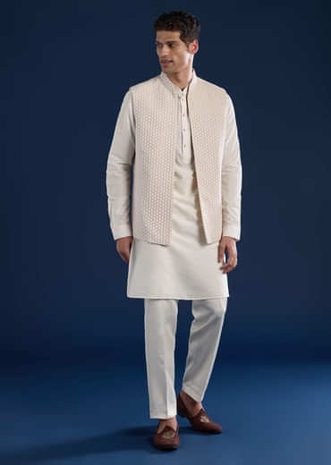 Cream Art Silk Jacket Kurta Set with Resham Work