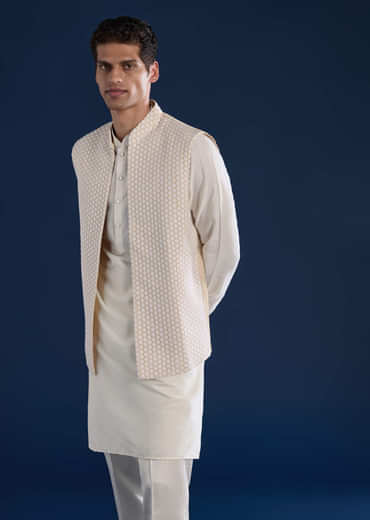 Cream Art Silk Jacket Kurta Set with Resham Work