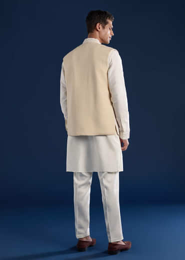 Cream Art Silk Jacket Kurta Set with Resham Work