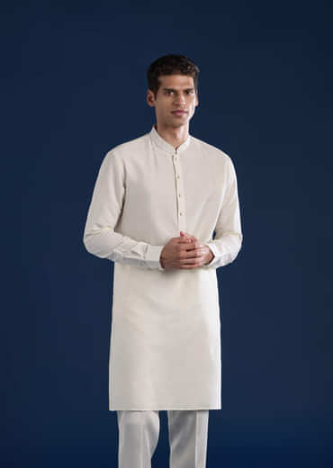 Cream Art Silk Jacket Kurta Set with Resham Work