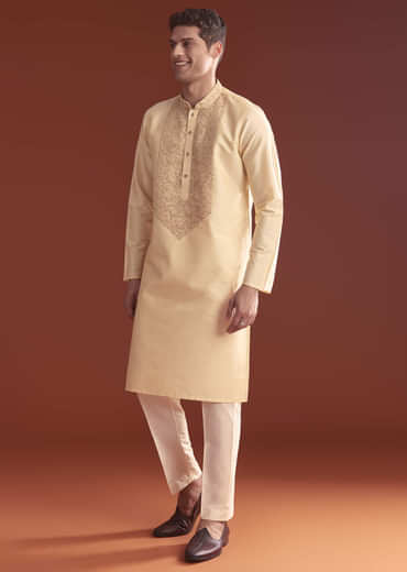 Cream Banarasi Silk Kurta Set For Men With Kashmiri Work