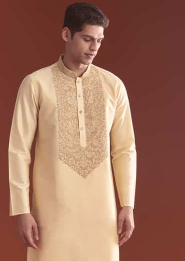 Cream Banarasi Silk Kurta Set For Men With Kashmiri Work