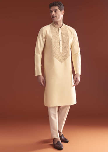 Cream Banarasi Silk Kurta Set For Men With Kashmiri Work